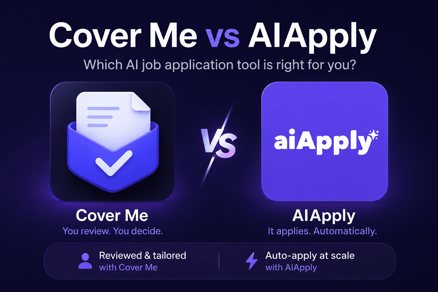 Infographic comparing Cover Me and AIApply for job applications: Cover Me — "You review. You decide." — reviewed and tailored applications, versus AIApply — "It applies. Automatically." — auto-apply at scale.
